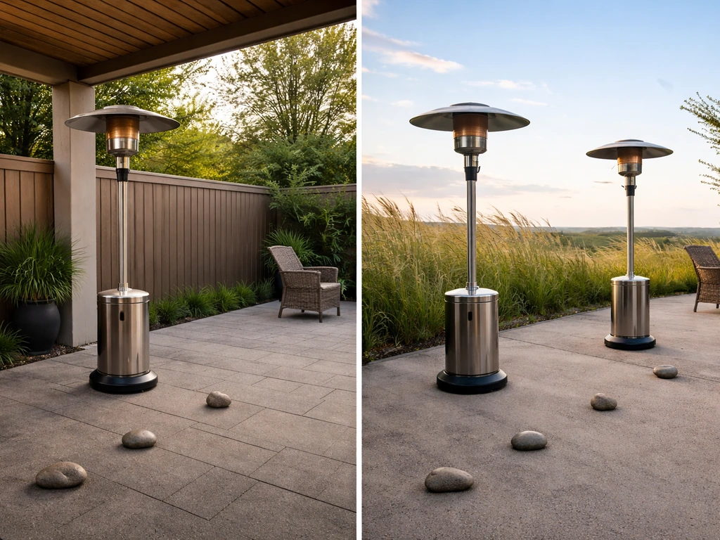 Two patio heaters on an exposed vs sheltered patio with ground markers showing different seating distances.