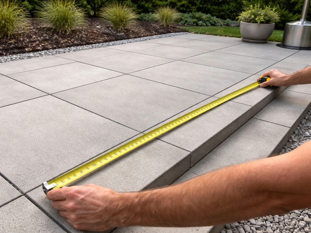Person measuring a patio with a tape measure to estimate square footage for heater coverage