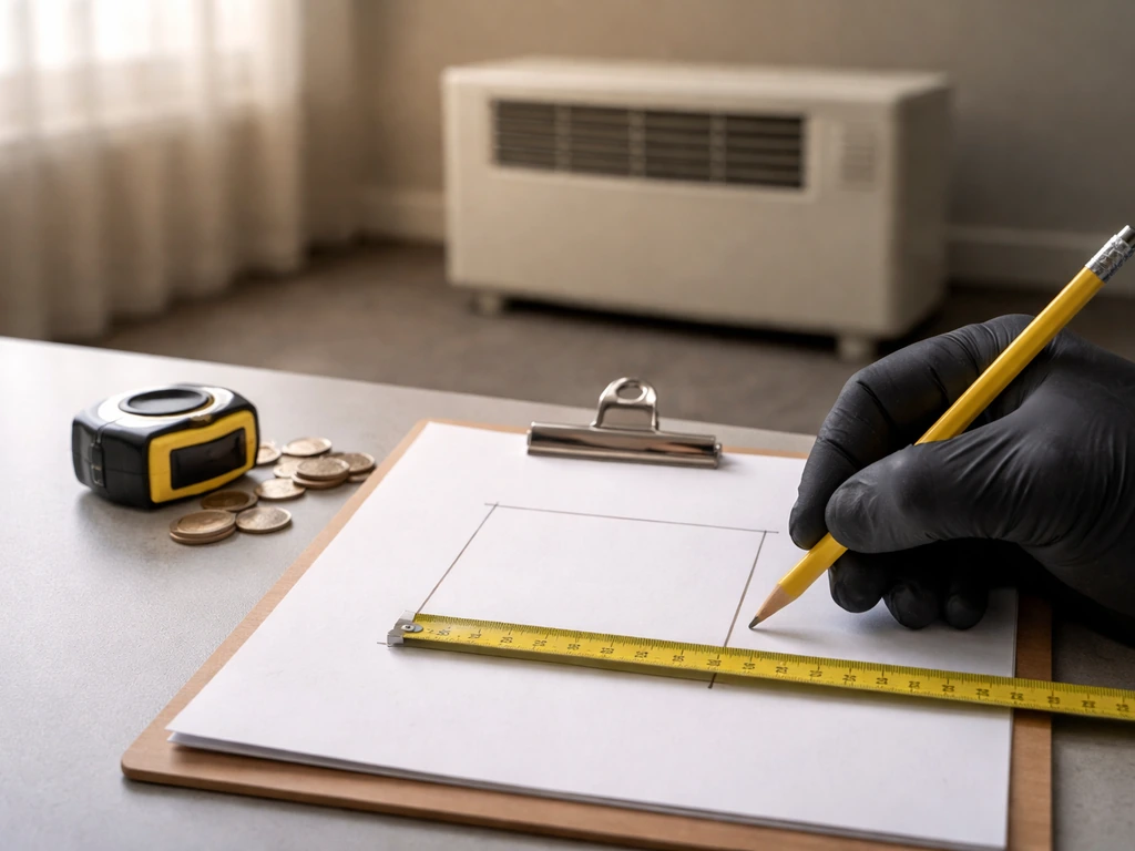 Anonymous tape-measure and clipboard beside a heating unit, suggesting dividing occupied area by heater coverage.