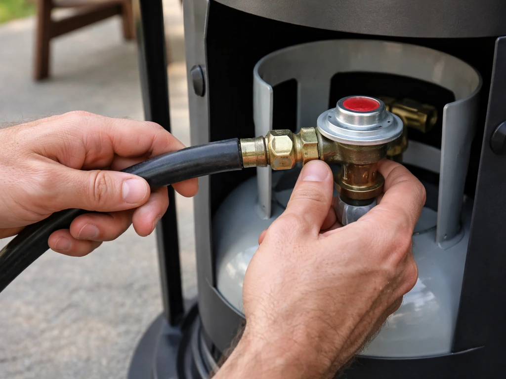Hands inspecting a propane heater’s regulator connection and hose for cracks before lighting outdoors