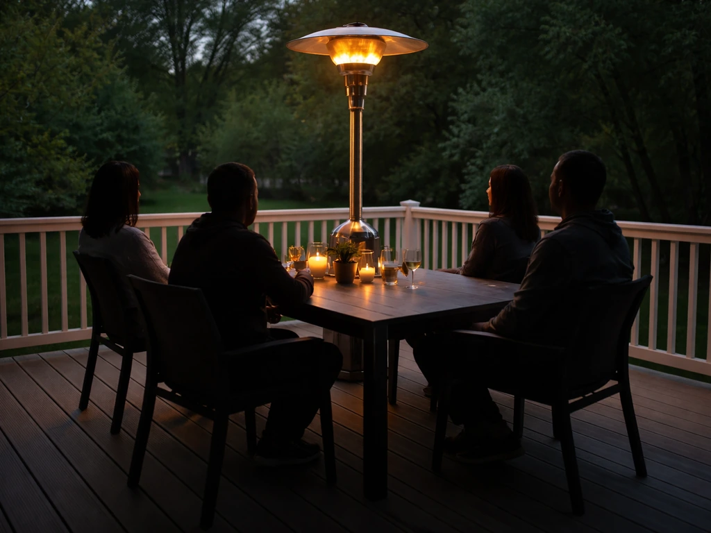 Minimal photo of a 10x20 ft backyard deck with a dining table, chairs, and a centered propane heater.
