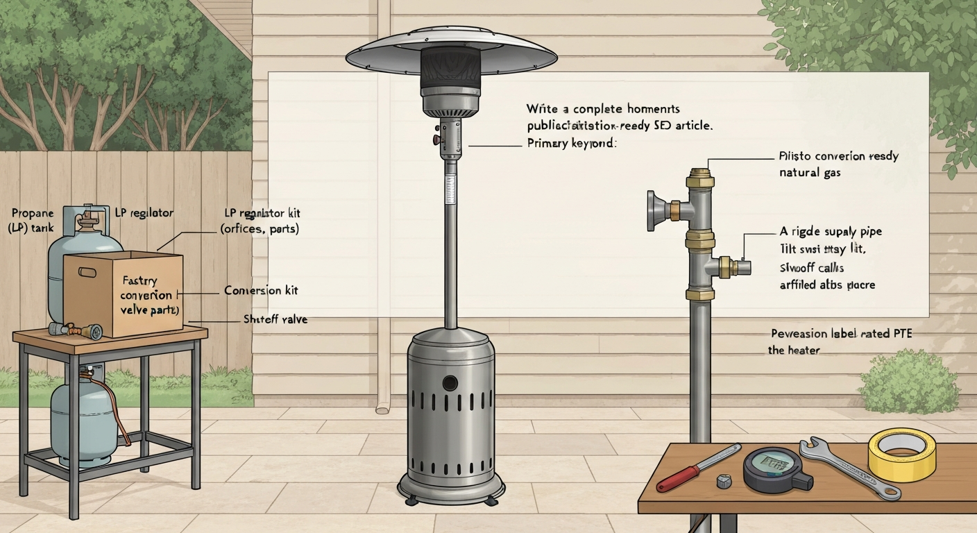 Technical illustration of a patio heater mid-conversion: removed propane tank and conversion kit on one side, natural gas supply and flexible connector on the other, with labeled parts and tools.