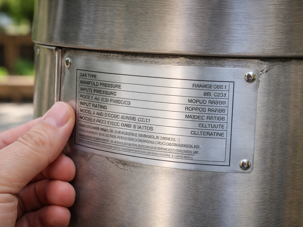 Close-up of a propane patio heater’s rating label area showing model and gas specs for manual matching.
