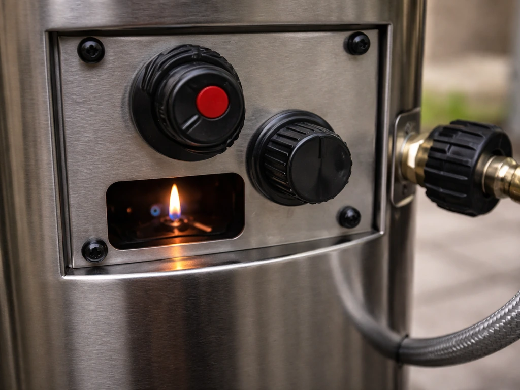 Close-up of a propane patio heater’s control knobs and ignition area with a glowing pilot flame.