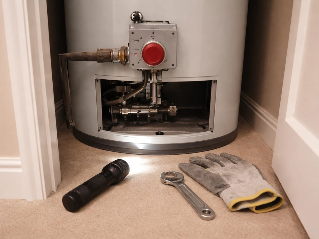 Utility furnace pilot area with gas knob in OFF position and troubleshooting tools nearby, no flame present.
