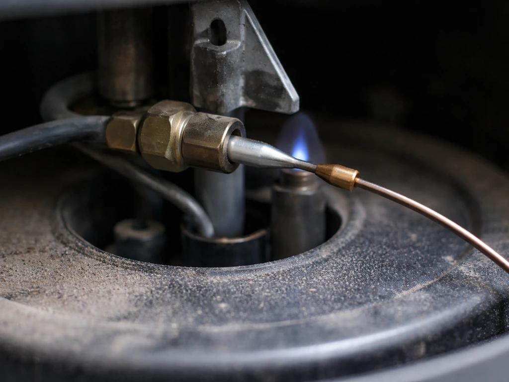 Close-up of a gas heater thermocouple tip near the pilot flame area on a burner assembly.