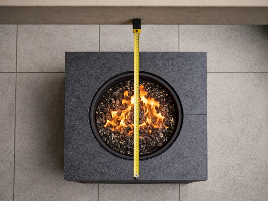 Top-down view of a patio ceiling with a tape measure measuring overhead clearance above a fire pit burner opening.