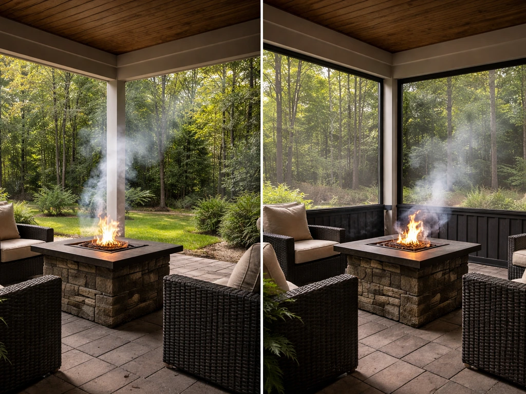 Left open-sided patio lets smoke drift away; right enclosed screen patio traps smoke near the fire pit.