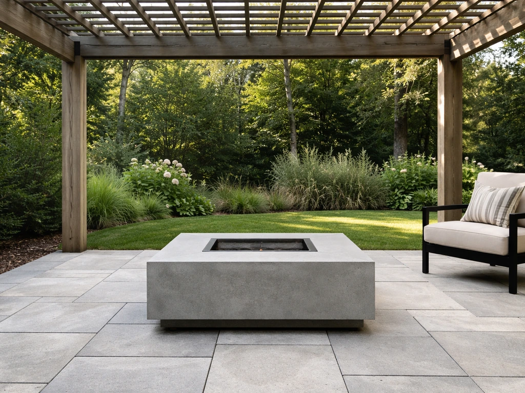 Open-sided pergola patio with a fire pit placed with clearance under lattice roof gaps for venting.