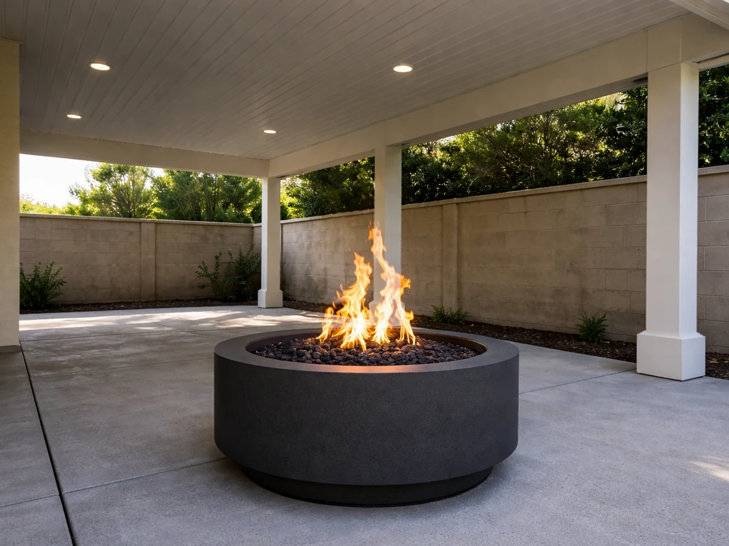Low overhang attached patio roof with a fire pit placed too close to the ceiling clearance area.