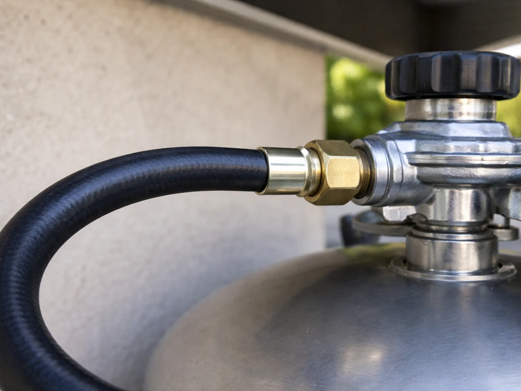 Closeup of a propane hose and regulator connection with the hose intact and free of cracks