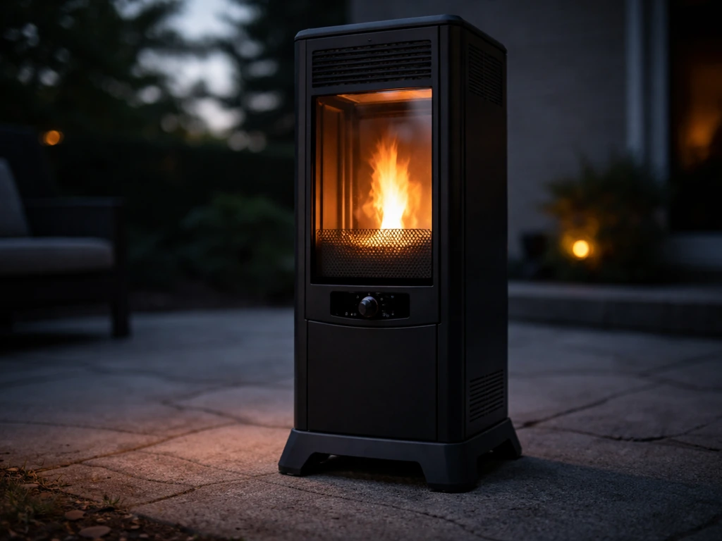 Dusk patio scene with a wood-pellet patio heater silhouetted, warm glow near the base, no people.