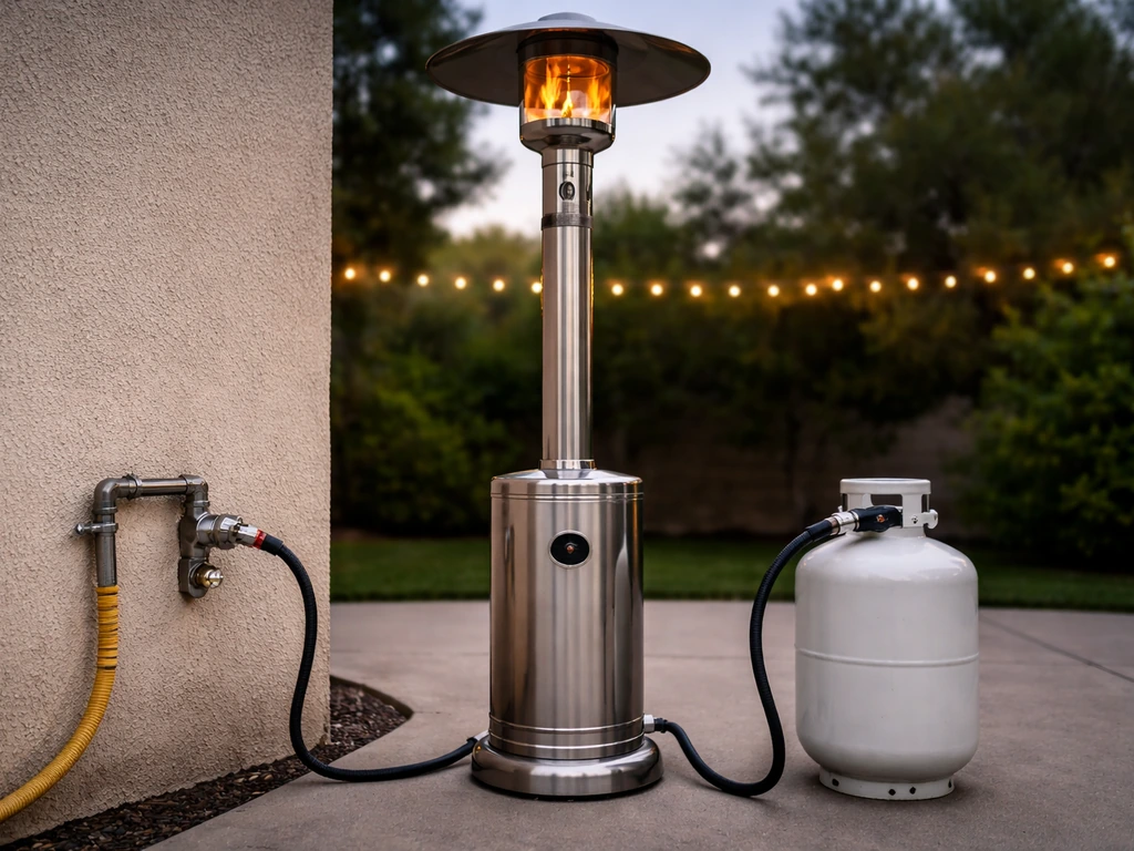 Outdoor patio heater with natural-gas line on one side and propane cylinder/regulator connection on the other.