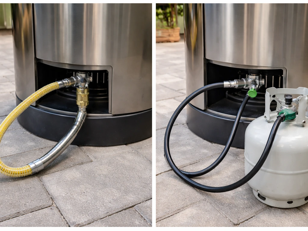 Split view of natural gas hookup vs propane cylinder and regulator connected to a patio heater inlet.
