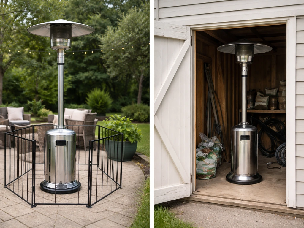 Split outdoor vs enclosed patio heater setup, showing safe spacing outdoors and unsafe enclosed placement avoided.