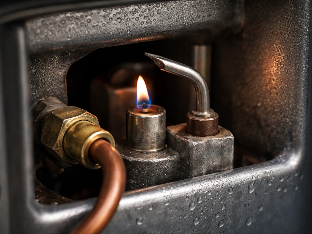 Close-up of a propane heater’s thermocouple/flame-sensing probe near the pilot flame area.