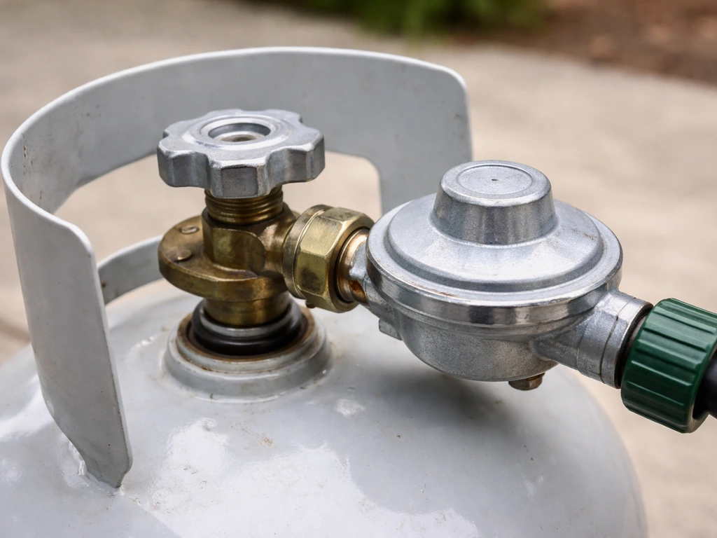 Close-up of a propane cylinder connection and regulator, suggesting a low-pressure/engagement troubleshooting check.