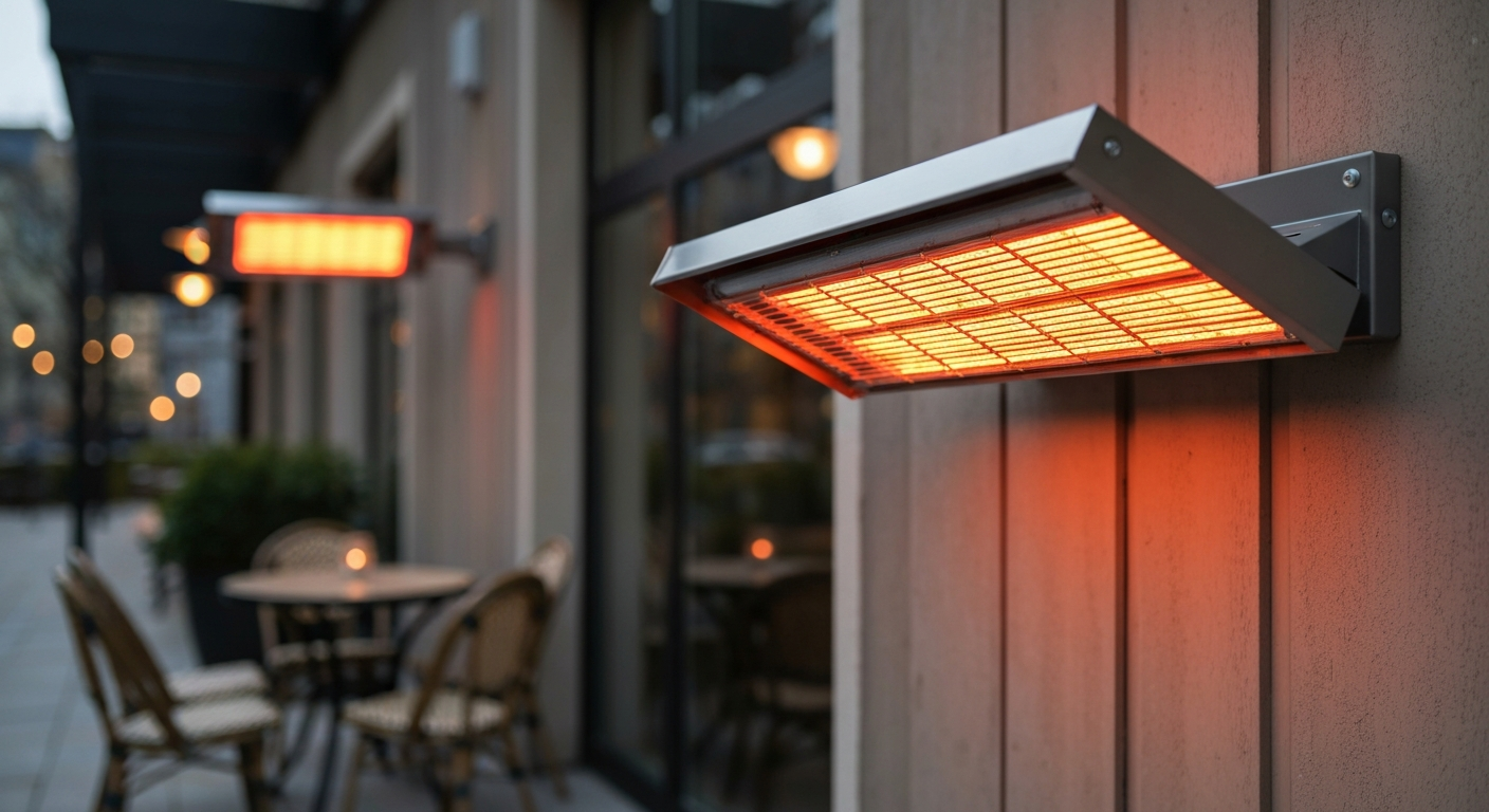 Wall-mounted flat-panel patio heater glowing and warming an empty patio.