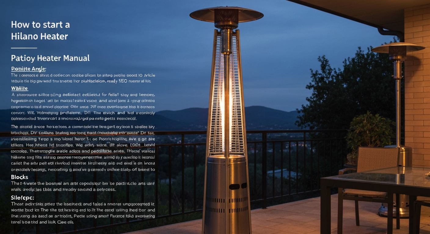 Hiland freestanding propane patio heater (HLDS01-WCGT-style) lit on an outdoor patio at dusk.