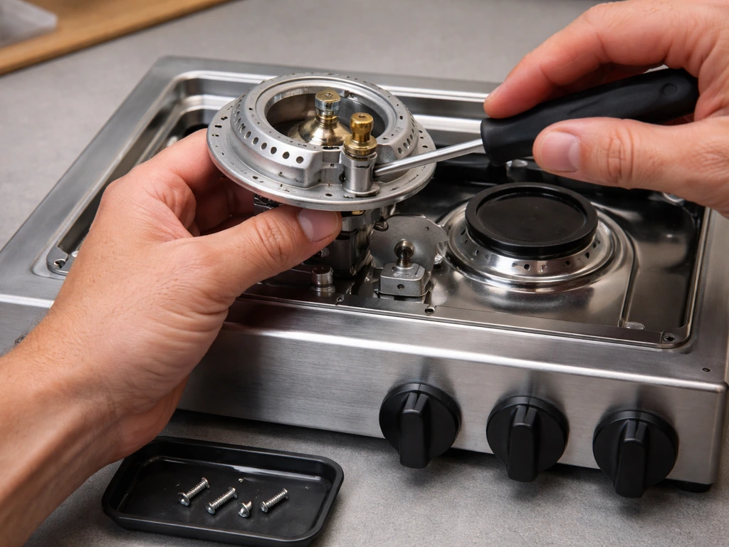 Technician’s hands removing screws on a gas burner’s main head assembly to access the control area.
