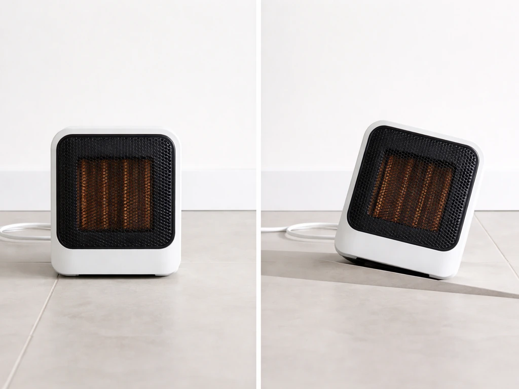 Two heater setups side by side: one on a level floor, one on a slight slope indicating tilt safety risk.