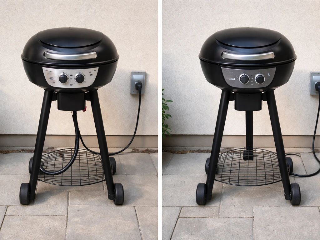 Side-by-side photo of two backyard grill setups showing LP gas hose connections and electric cord controls.