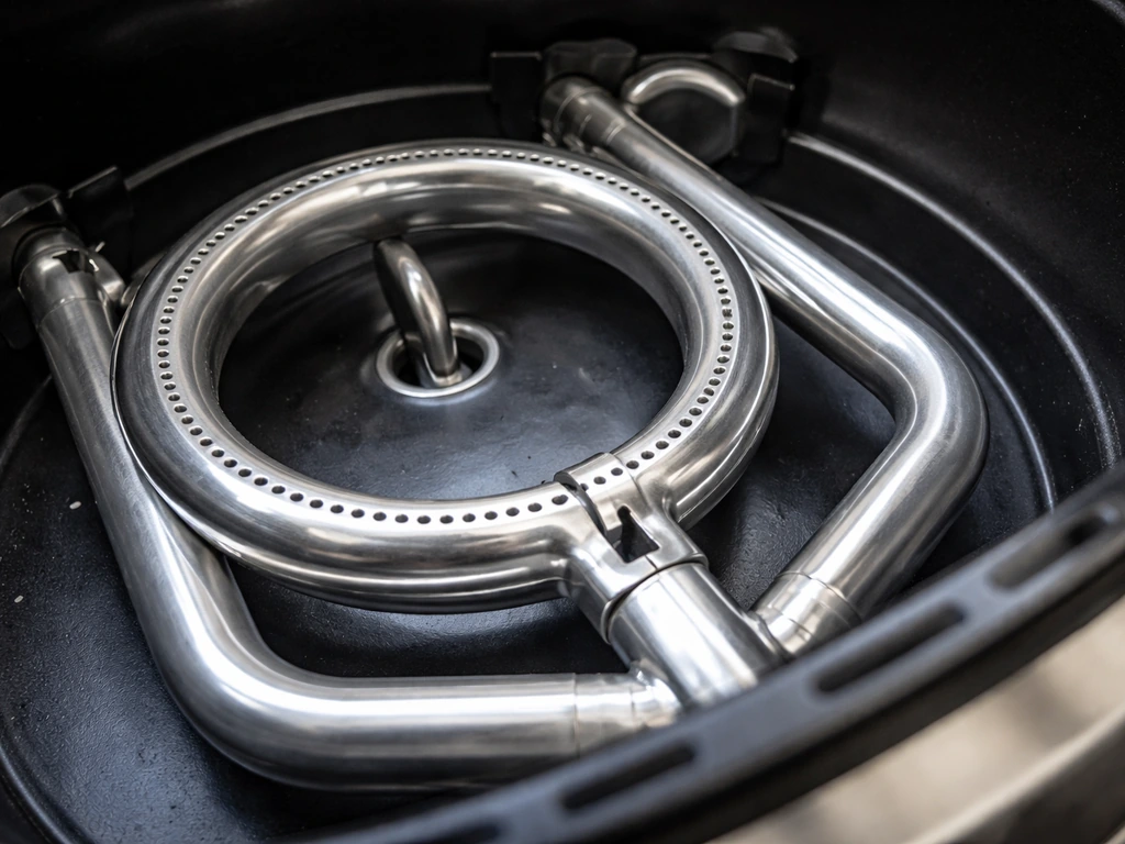 Close-up of a cleaned gas grill burner and venturi area showing clean passages and debris-free components