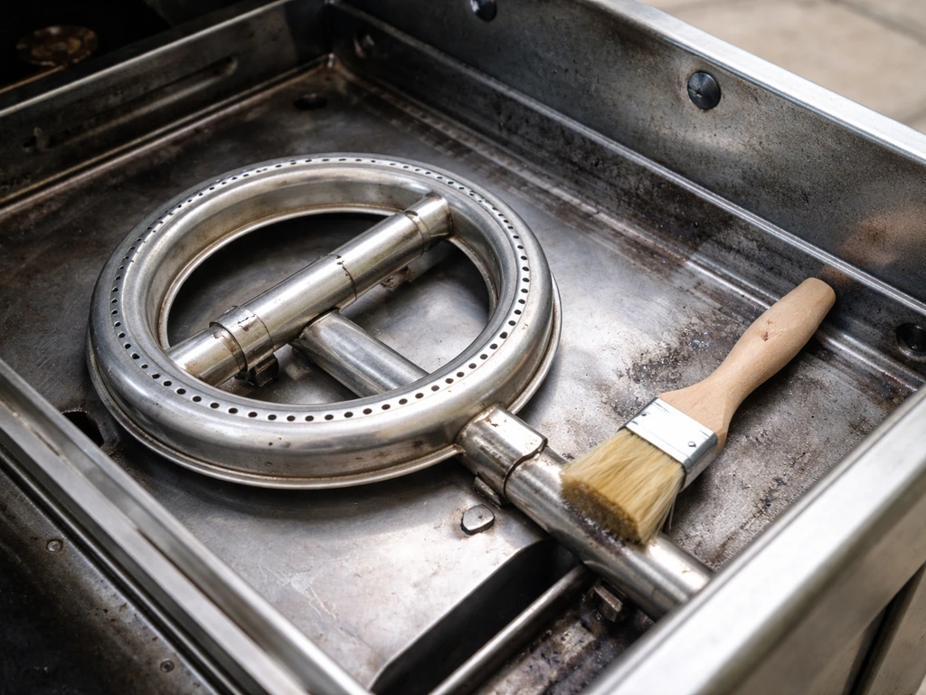 Close-up of a gas grill burner and ports with a brush, checked for clear openings before seasonal storage.