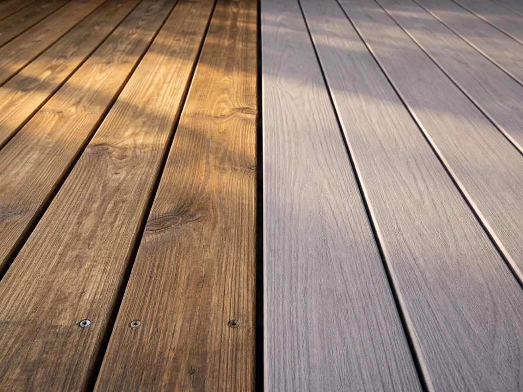 Side-by-side closeups of pressure-treated wood and composite decking planks showing different heat-affected tones.