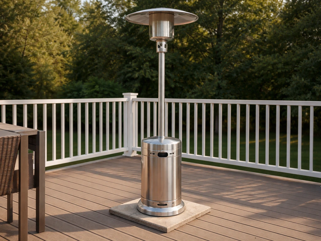 Propane tower heater on a deck with paver base and visible space from railing and nearby items.