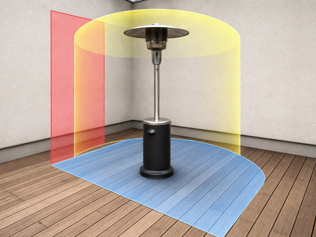 Patio deck heater with semi-transparent overlays showing side, overhead, and front clearance zones.