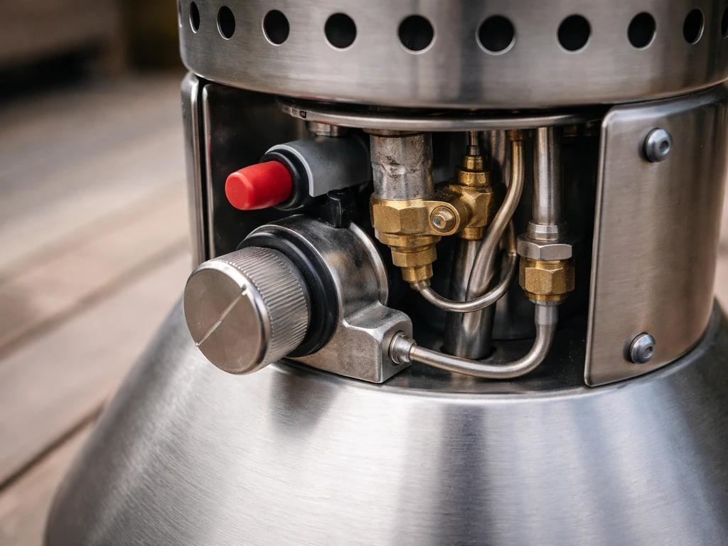 Closeup of a propane patio heater’s ignition and thermocouple area on a wooden deck.