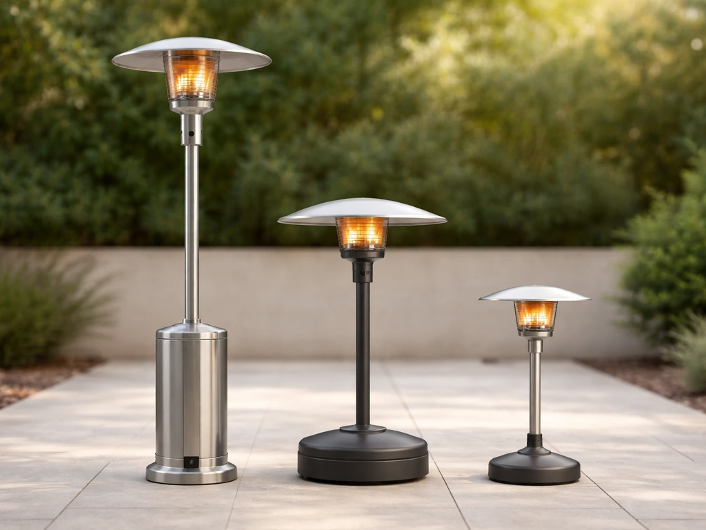 Side-by-side view of different freestanding patio heater base and stand styles on a quiet patio.