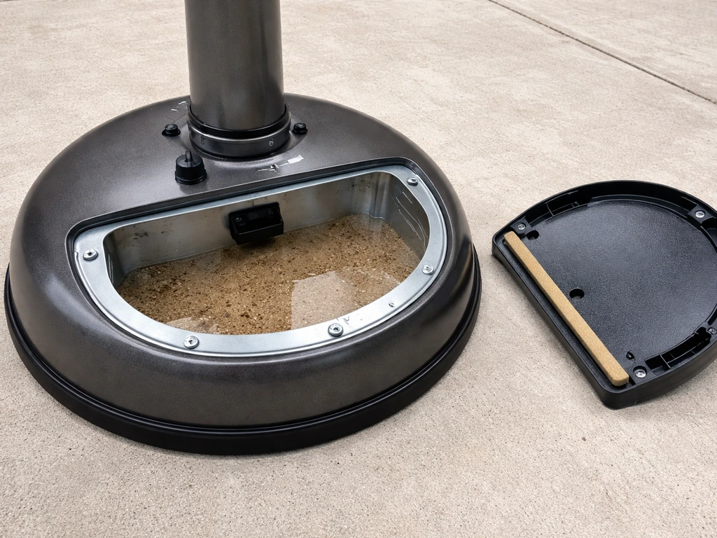 Close view of a patio heater base ballast compartment showing correct fill level on concrete.