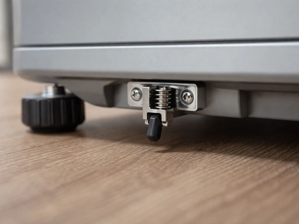 Close-up underside of a heater base showing the anti-tip safety switch hardware and leveling foot contact.