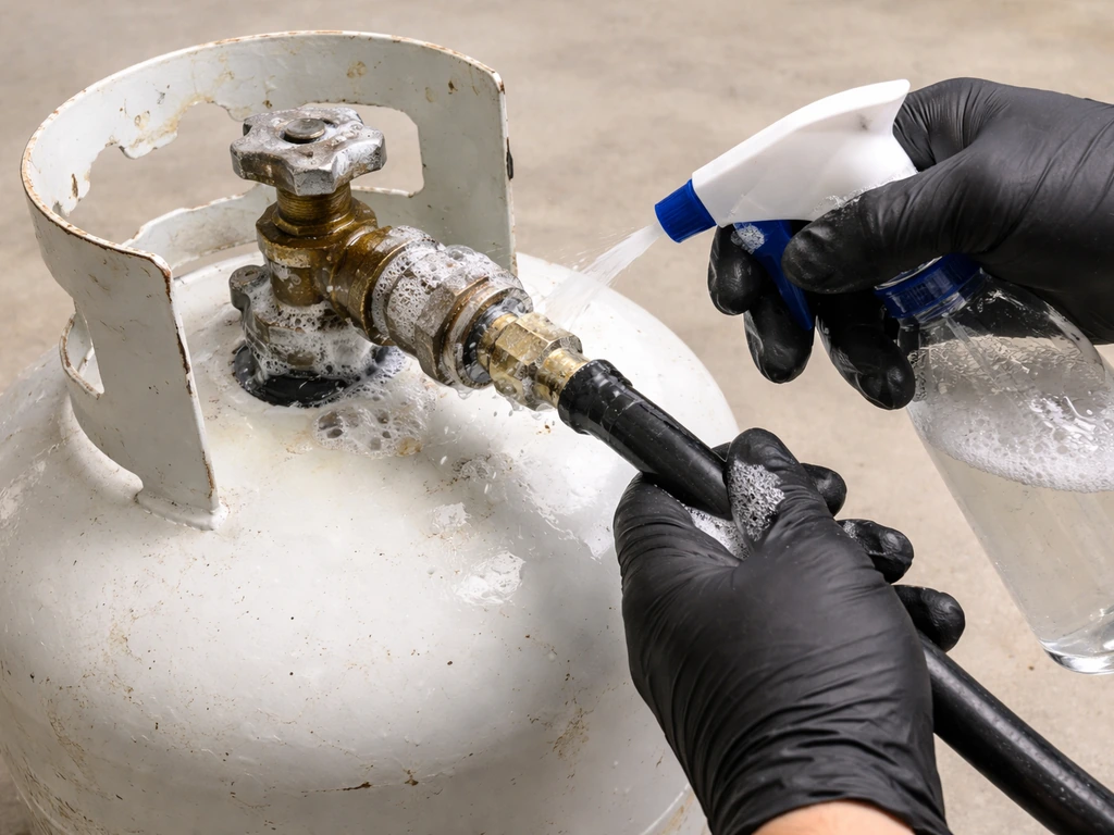Soapy water sprayed on a propane regulator-to-tank fitting and hose ends, with bubbles indicating leak test.
