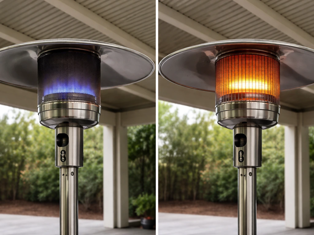 Side-by-side gas patio heater with blue flame and an electric heater with glowing element under a covered roof.