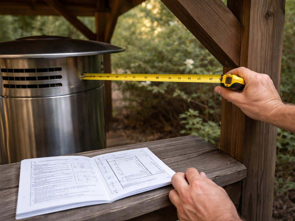 Measuring tape checking clearance around an installed heater under a gazebo, with manual pages visible.