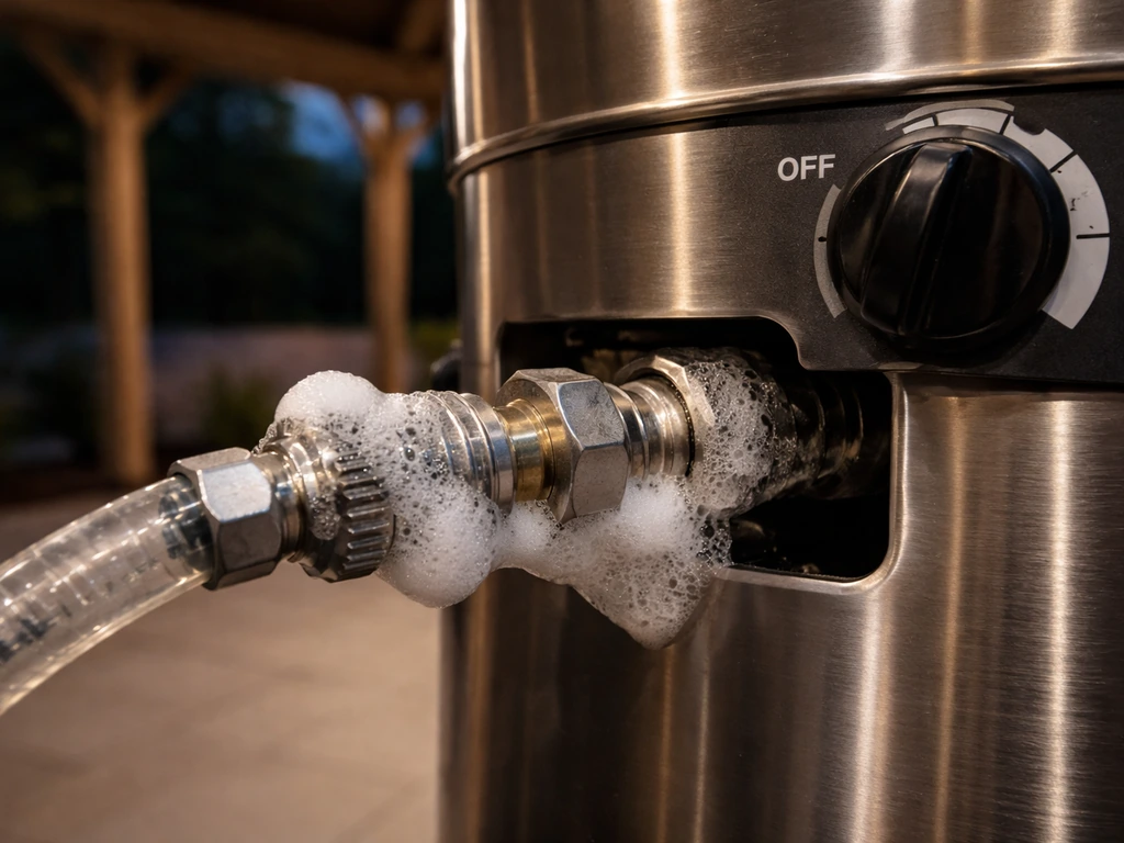 Soapy foam leak check at a gas patio heater connection under a gazebo, control off before lighting