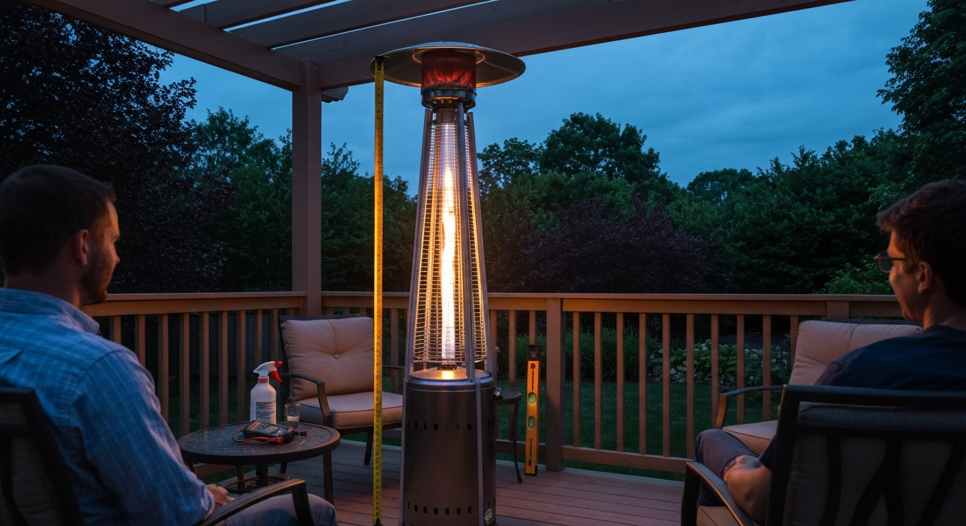 Dusk backyard deck with a lit freestanding propane patio heater, measuring tape showing clearance, level at the base, and safety tools on a side table.