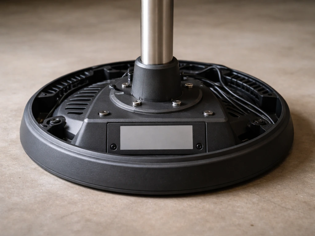 Upside-down heater base and pole area showing where the model number is located on the underside panel.