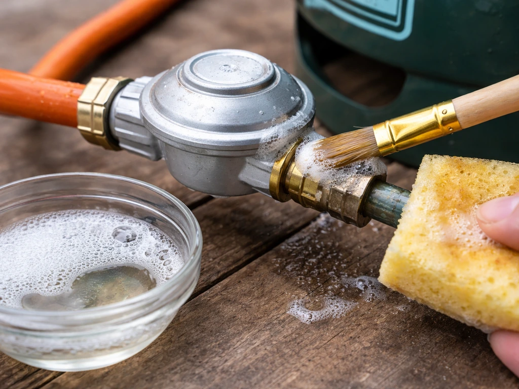 Dish soap and water leak-test solution in a bowl, with bubbles on a propane regulator hose fitting.