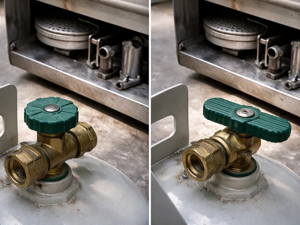 Close-up of an LP tank valve handle shown both closed and open, with a nearby stove pilot area ready for inspection.