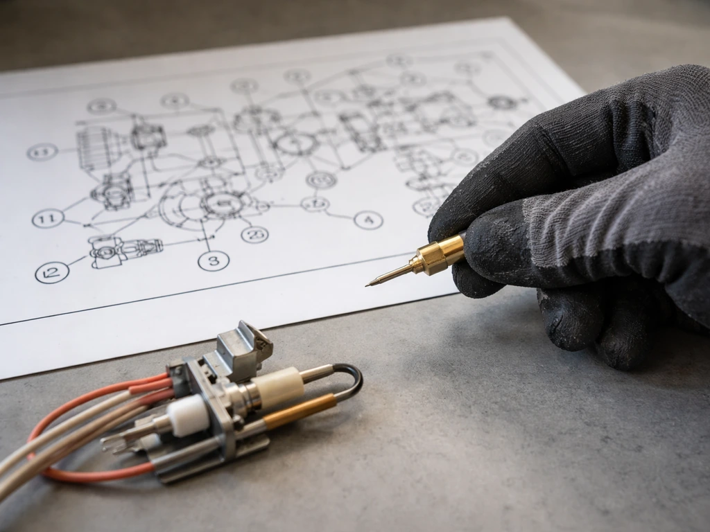 Close-up of a technician’s hands comparing a numbered appliance parts diagram with thermocouple and pilot assembly