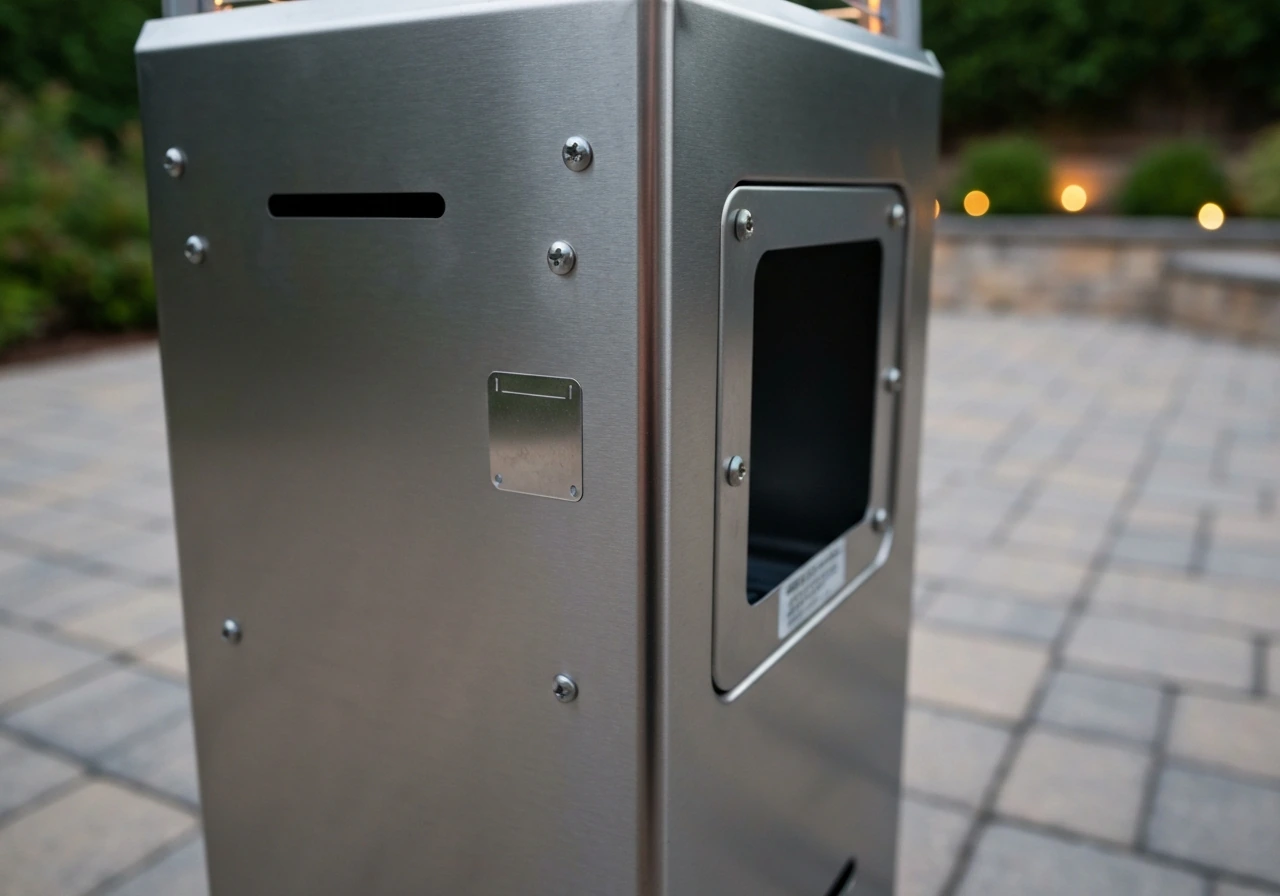Close-up of a patio heater’s lower side panel identification area for matching the correct DCS manual.
