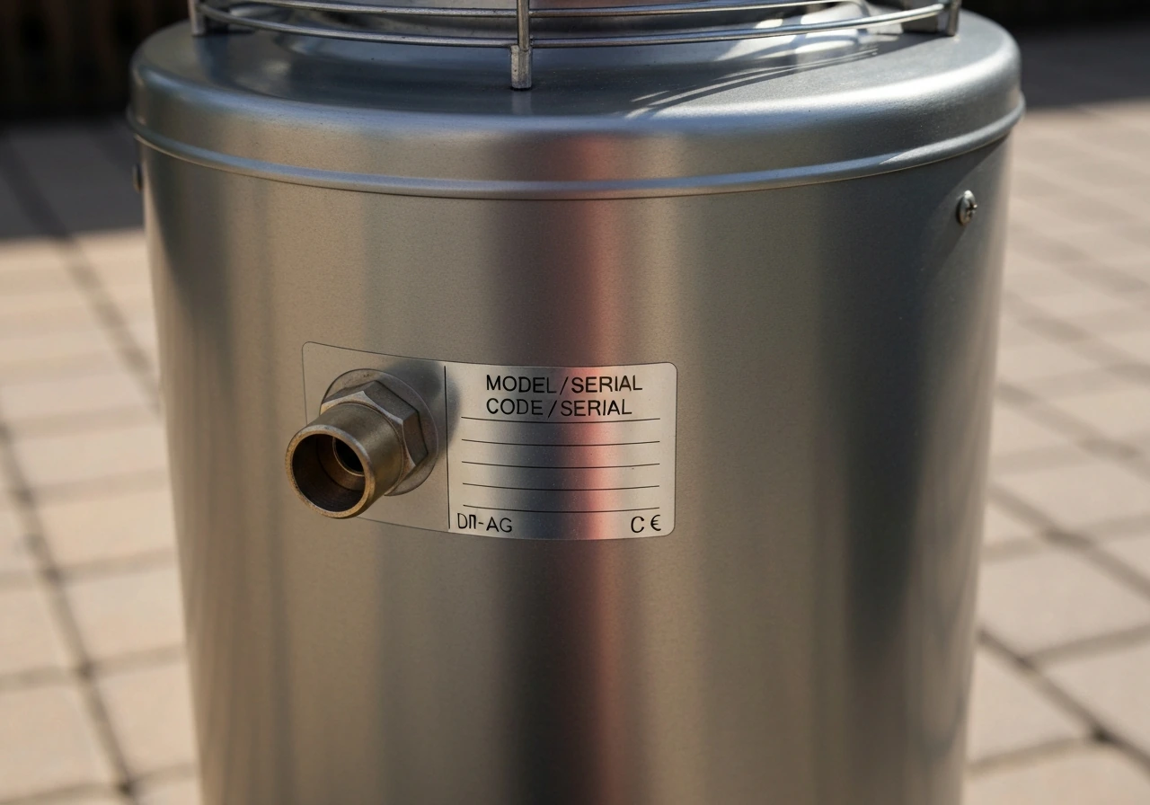 Close-up of a DCS patio heater side label area near the gas inlet for model identification.
