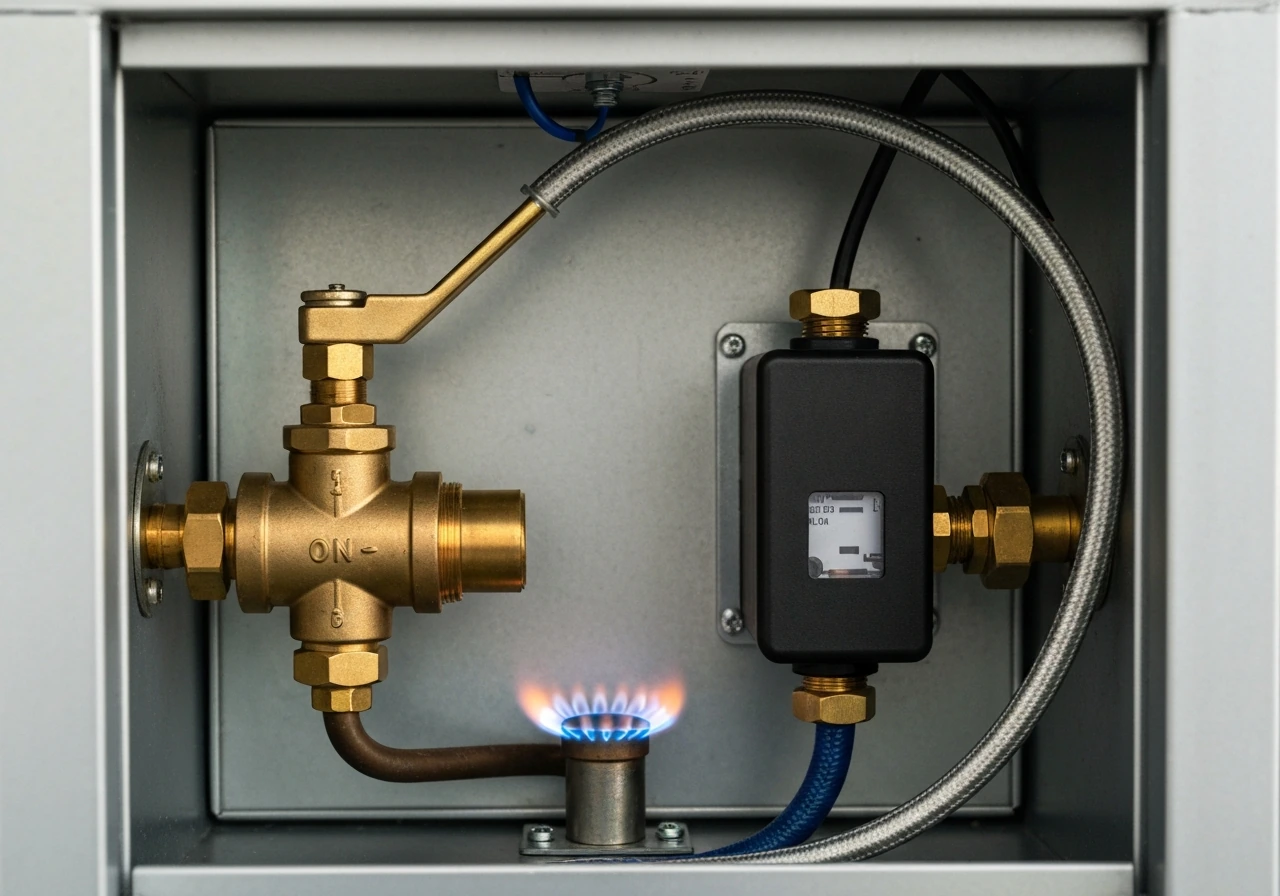 Close-up of a gas burner igniting after turning the gas valve on, with electric ignition module nearby.