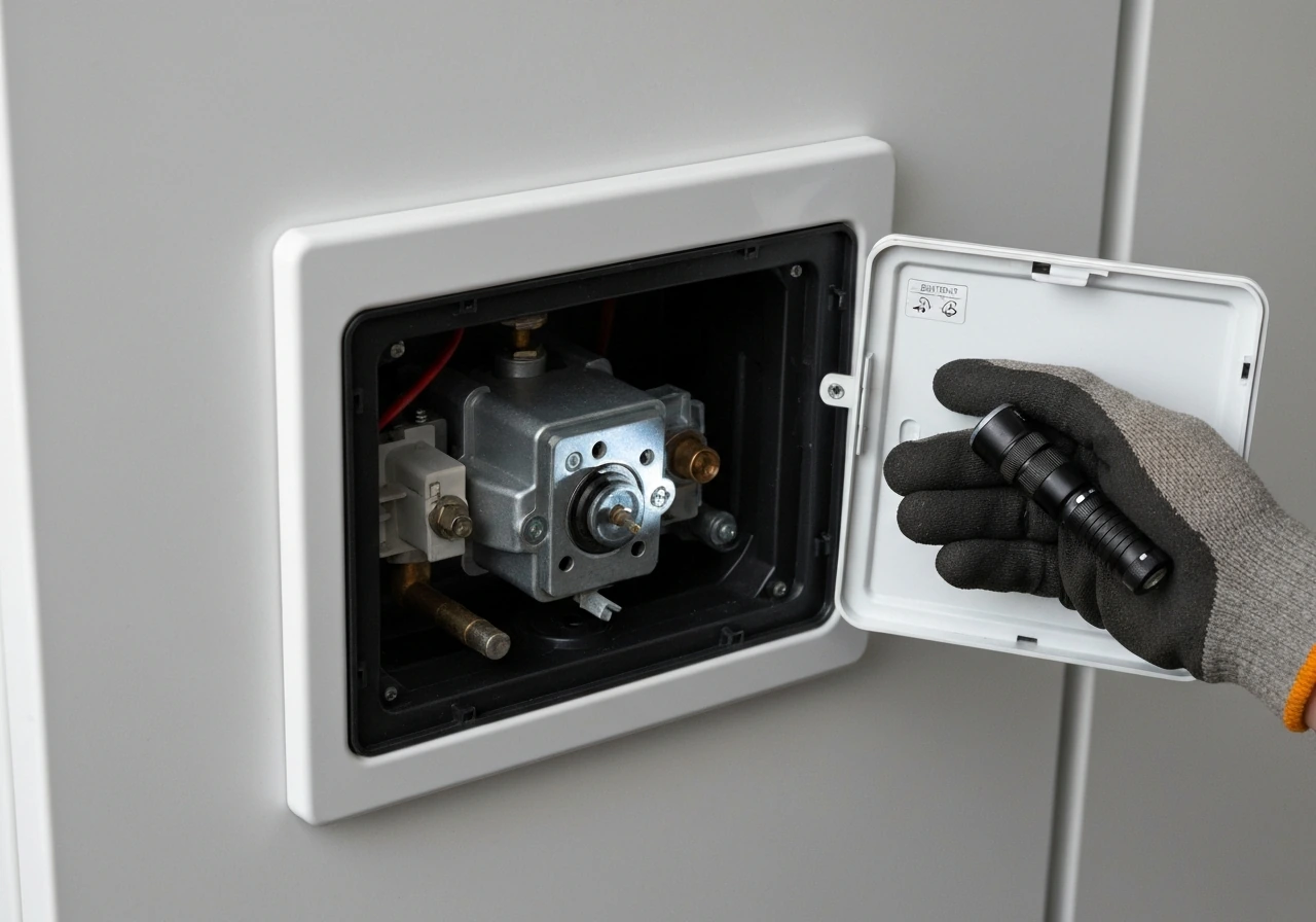 Gloved hand inspecting a gas appliance ignition access area with cover removed, no flames visible.