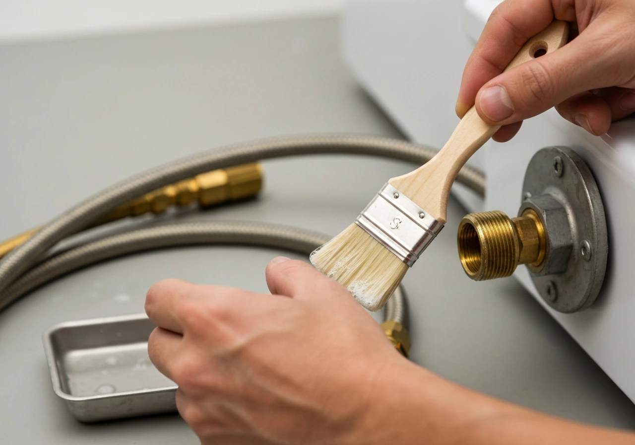 Technician brushes soapy water on gas line fittings; no bubbles visible