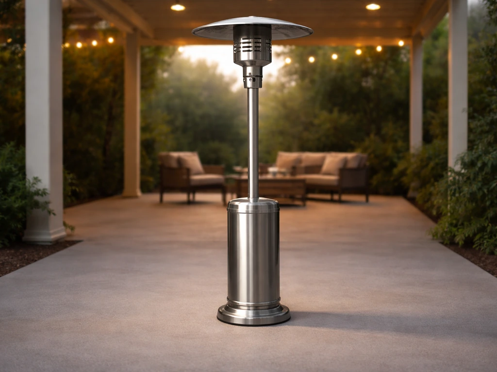Patio heater on a covered patio with clearances around the base and burner area, showing safe setup.